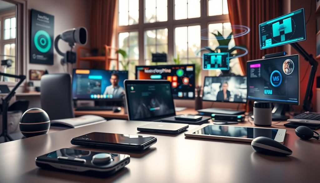 A busy home office workspace with a range of advanced gadgets seamlessly integrated into a person's daily routine. The foreground features a futuristic-looking smartphone, wireless earbuds, a smartwatch, and a tablet stylishly arranged on a sleek, minimalist desk. The middle ground showcases a voice-controlled assistant, a compact desktop computer, and a high-tech webcam, all neatly organized. The background depicts large windows flooding the space with natural light, complemented by smart home controls, holographic displays, and other cutting-edge technologies that work together to enhance productivity. Warm, ambient lighting and a sense of technological harmony create a modern, efficient, and visually striking &amp;quot;Infinity Tech Guide&amp;quot; setup.