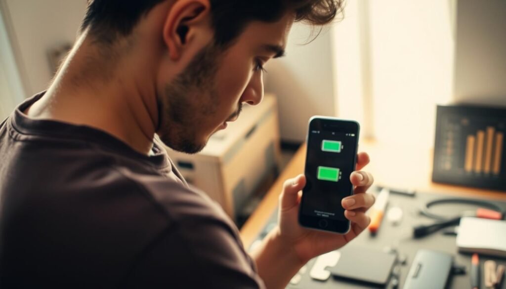 A contemplative person standing before a smartphone, deep in thought as they consider replacing the battery. The scene is bathed in warm, natural lighting, creating a sense of introspection and decision-making. The phone's screen displays a battery icon, highlighting the central focus of the dilemma. In the background, a neatly organized workspace with tools and accessories suggests a deliberate, well-informed approach to the task at hand. The overall atmosphere conveys the gravity of the decision, the need to weigh the pros and cons, and the desire to make a well-informed choice that will extend the device's lifespan.