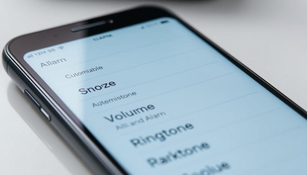 A crisp, detailed close-up view of a modern smartphone screen, its display showing customizable alarm settings - snooze duration, volume, ringtone options, and more. The interface is sleek and intuitive, with a clean, minimalist aesthetic. Soft, indirect lighting creates subtle shadows and highlights the screen's depth and clarity. The device is angled slightly, inviting the viewer to engage with the settings. The background is blurred, keeping the focus on the phone and its customizable alarm controls. An overall sense of control, personalization, and effortless functionality permeates the scene. A crisp, detailed close-up view of a modern smartphone screen, its display showing customizable alarm settings - snooze duration, volume, ringtone options, and more. The interface is sleek and intuitive, with a clean, minimalist aesthetic. Soft, indirect lighting creates subtle shadows and highlights the screen's depth and clarity. The device is angled slightly, inviting the viewer to engage with the settings. The background is blurred, keeping the focus on the phone and its customizable alarm controls. An overall sense of control, personalization, and effortless functionality permeates the scene.
