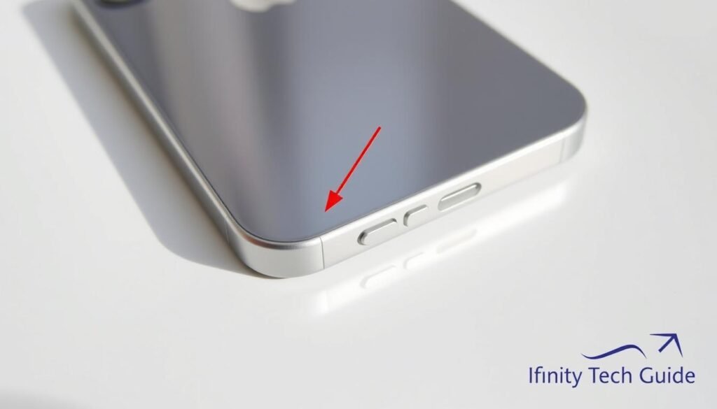 A detailed close-up photograph of an iPhone with the model number location guide, shot in natural daylight with a high-quality DSLR camera. The iPhone is placed on a clean, white surface, showcasing its sleek design. The lighting is soft and diffused, highlighting the iPhone's curves and reflective surfaces. The camera is angled slightly from above to capture the iPhone's top and side edges, where the model number label is typically located. The image has a clean, minimalist aesthetic, with the iPhone as the sole focal point, against a plain background. The Infinity Tech Guide brand is discreetly visible in the bottom right corner.