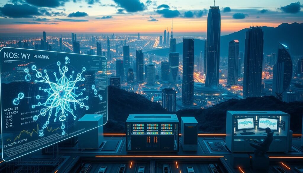 A futuristic, high-tech landscape showcasing the diverse commercial applications of quantum computing. In the foreground, a holographic display depicts intricate molecular simulations and complex financial algorithms. The middle ground features sleek, minimalist quantum computing workstations, their inner workings illuminated by a soft, ambient glow. In the background, towering skyscrapers and bustling cityscapes hint at the integration of quantum technologies into everyday life. The scene is bathed in a cool, blue-tinged lighting, evoking a sense of cutting-edge innovation and scientific progress. The overall atmosphere is one of excitement and anticipation, capturing the transition of quantum computing from the realm of research to mainstream commercial viability.