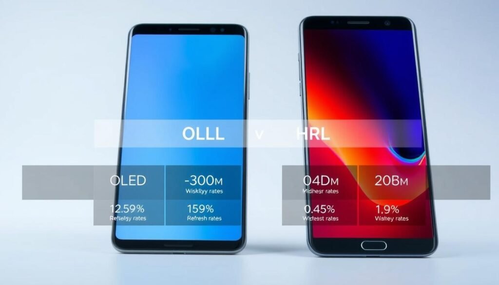 A high-quality, detailed side-by-side comparison of the latest flagship smartphone displays from Apple and Samsung. The foreground features the sleek, premium devices with their screens illuminated, showcasing their vibrant colors, deep blacks, and crisp resolutions. The middle ground offers a technical breakdown of the display technologies, including OLED, refresh rates, and HDR capabilities. The background fades into a minimalist white studio setting, allowing the devices to take center stage. The overall mood is professional, informative, and visually striking, perfectly suited to illustrate the "Display Performance: Screen Technology Face-Off" section of the article.