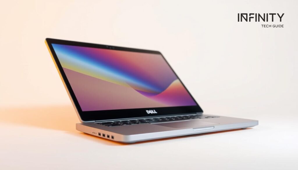A high-quality, sleek, and modern 14-inch Dell 2-in-1 Windows laptop, with a silver metal chassis and slim profile. The device is angled slightly to showcase its 360-degree hinge, allowing it to seamlessly transition between laptop and tablet modes. The screen has a high-resolution display, with vivid colors and crisp details. In the foreground, the laptop is illuminated by warm, directional lighting, creating a sense of depth and emphasizing its premium design. The background is a clean, minimalist studio setting, with a plain white backdrop that allows the device to take center stage. The overall composition exudes a sense of elegance and sophistication, reflecting the laptop's premium positioning. Branding: Infinity Tech Guide.