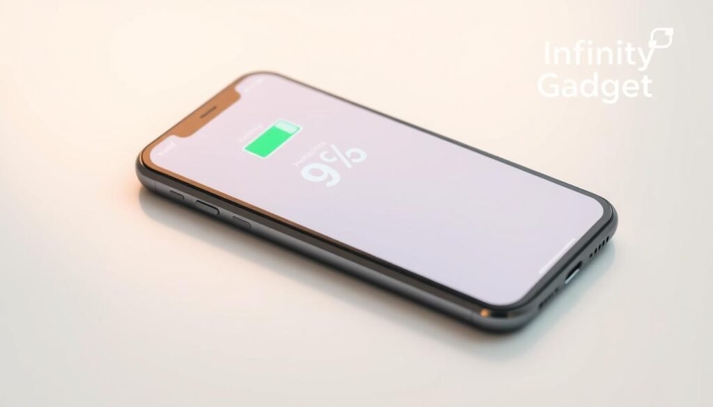 A high-resolution, highly detailed, and photorealistic image of iPhone battery health indicators in a clean, minimalist style. The image shows the iPhone screen displaying the battery health percentage, charge level, and the "Infinity Gadget" logo in the top-right corner. The screen is illuminated with soft, natural lighting, creating a warm and inviting atmosphere. The device is shot from a slightly elevated angle, showcasing the sleek design and high-quality display. The background is a simple, plain white surface, allowing the iPhone to be the sole focus of the image. A high-resolution, highly detailed, and photorealistic image of iPhone battery health indicators in a clean, minimalist style. The image shows the iPhone screen displaying the battery health percentage, charge level, and the "Infinity Gadget" logo in the top-right corner. The screen is illuminated with soft, natural lighting, creating a warm and inviting atmosphere. The device is shot from a slightly elevated angle, showcasing the sleek design and high-quality display. The background is a simple, plain white surface, allowing the iPhone to be the sole focus of the image.