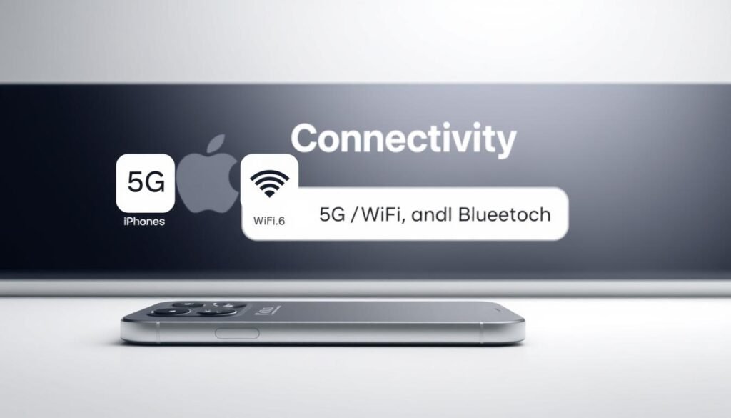 A high-resolution, photorealistic image of the latest iPhone connectivity features against a backdrop of a sleek, minimalist "Infinity tech guide" branded interface. In the foreground, a large, detailed iPhone model showcases 5G, Wi-Fi 6, and Bluetooth 5.2 connectivity icons with clear, detailed labels. The middle ground features a clean, white interface with the section title "Connectivity: 5G, Wi-Fi, and Bluetooth" prominently displayed. The background has a subtle gradient effect, creating a sense of depth and emphasizing the technological focus. Precise lighting and camera angles highlight the iPhone's clean, modern design and its advanced connectivity capabilities.