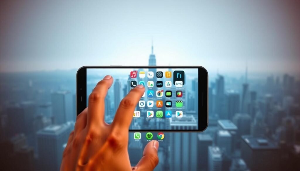 A high-tech mobile device screen displaying seamless integration between Android and iOS platforms. In the foreground, a user's hand interacts with the touchscreen, showcasing intuitive cross-platform gestures and controls. The middle ground features a collage of app icons, signifying the availability of popular apps across both ecosystems. The background depicts a minimalist, futuristic cityscape, symbolizing the ubiquity of these connected devices. Soft, diffused lighting creates a sense of harmony, while a subtle color palette of blues, grays, and whites conveys a sleek, modern aesthetic. The overall scene captures the essence of "Cross-Platform Hidden Features for Both iPhone and Android Users".