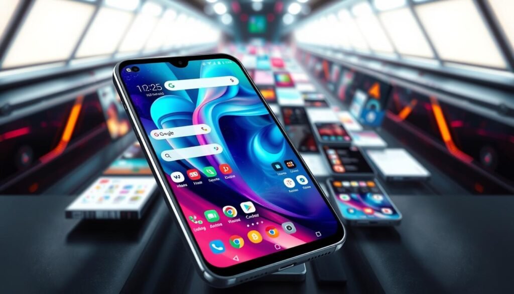 A highly customized android phone interface showcasing a wide array of personalization features. In the foreground, a sleek, metallic android device with a stunning OLED display, its home screen adorned with a vibrant, abstract wallpaper. Various interactive widgets, icons, and shortcuts populate the screen, allowing for seamless access to core functions and customized app layouts. In the middle ground, a cascade of colorful, geometric design elements and fluid transitions between app screens, reflecting the depth and versatility of the android customization ecosystem. The background captures a sophisticated, futuristic atmosphere with subtle lighting effects, emphasizing the advanced technological capabilities of the android platform. The overall composition conveys a sense of power, control, and endless possibilities for personalization.
