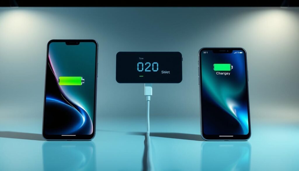 A highly detailed, photorealistic image of a smartphone battery life and charging comparison. In the foreground, two flagship smartphones, one with a battery icon depicting a high level of charge, the other with a low battery icon. Between them, a fast-charging cable connects the two devices. The middle ground features a digital readout displaying the charge levels and charging speeds of the phones. The background has a sleek, minimalist design with subtle gradients and clean lines, conveying a sense of precision and technology. Dramatic, directional lighting casts dramatic shadows, highlighting the phones and creating a sense of depth and dimension. The overall composition and color palette evoke a premium, high-end aesthetic suitable for a tech product comparison. A highly detailed, photorealistic image of a smartphone battery life and charging comparison. In the foreground, two flagship smartphones, one with a battery icon depicting a high level of charge, the other with a low battery icon. Between them, a fast-charging cable connects the two devices. The middle ground features a digital readout displaying the charge levels and charging speeds of the phones. The background has a sleek, minimalist design with subtle gradients and clean lines, conveying a sense of precision and technology. Dramatic, directional lighting casts dramatic shadows, highlighting the phones and creating a sense of depth and dimension. The overall composition and color palette evoke a premium, high-end aesthetic suitable for a tech product comparison.