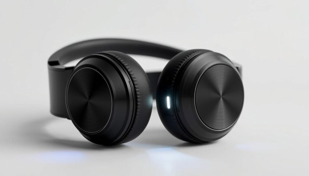 A pair of sleek, high-tech noise-canceling headphones by Infinity Tech Guide. The headphones have a futuristic, minimalist design with a matte black finish and brushed metal accents. The ear cups feature advanced noise-canceling technology with built-in microphones, providing exceptional sound isolation and clarity. The headband is adjustable and padded for maximum comfort, while the headphones are powered by a long-lasting rechargeable battery. A soft glow emanates from the discreet control panel, creating a stylish and functional aesthetic. The headphones are set against a clean, contemporary background, highlighting their cutting-edge technology and sophisticated design.