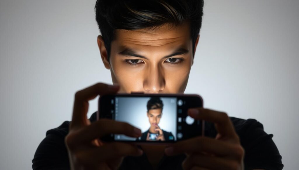 A person holding a smartphone, their gaze focused intently on the screen as they compose the perfect shot. Soft, directional lighting illuminates their face, creating a pensive, thoughtful expression. The background is pleasantly blurred, drawing the viewer's attention to the intentional framing and careful consideration of the subject matter. The camera's lens is angled slightly upwards, lending a sense of dynamism and engagement to the scene. Subtle shadows and highlights accentuate the contours of the smartphone, highlighting its sleek, modern design. The overall mood is one of deliberation, creativity, and a heightened awareness of the photographic process.