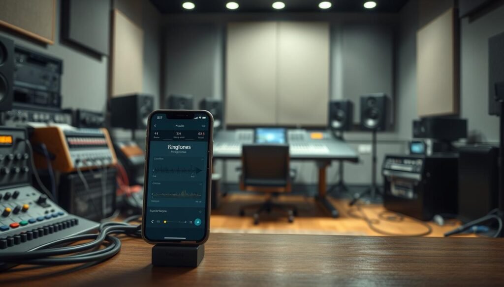 A professional digital artist's workshop, meticulously crafted with various audio editing tools and equipment. In the foreground, a sleek smartphone is displayed, its screen showcasing the intuitive interface for customizing ringtones. The middle ground features an array of audio cables, mixing consoles, and high-fidelity speakers, hinting at the advanced audio processing capabilities. In the background, a softly lit recording studio setting with acoustic panels and dimmed lighting creates a serene, focused atmosphere, conducive to the creative process of crafting personalized ringtones. The overall scene conveys the ease and sophistication of customizing one's iPhone ringtone without the need for additional apps. A professional digital artist's workshop, meticulously crafted with various audio editing tools and equipment. In the foreground, a sleek smartphone is displayed, its screen showcasing the intuitive interface for customizing ringtones. The middle ground features an array of audio cables, mixing consoles, and high-fidelity speakers, hinting at the advanced audio processing capabilities. In the background, a softly lit recording studio setting with acoustic panels and dimmed lighting creates a serene, focused atmosphere, conducive to the creative process of crafting personalized ringtones. The overall scene conveys the ease and sophistication of customizing one's iPhone ringtone without the need for additional apps.