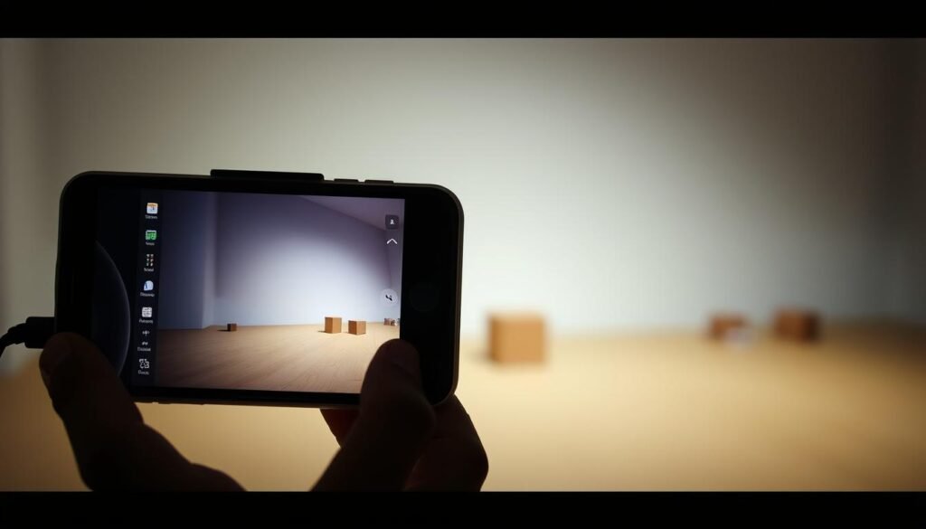 A professional smartphone camera setup featuring a high-quality lens, adjustable aperture, and advanced image processing. The camera is held in a steady, well-lit environment, capturing a visually striking still life scene. The foreground showcases the camera's sleek design and technical capabilities, while the middle ground highlights the depth of field and bokeh effects. The background features a minimalist, neutral-toned setting that allows the camera's prowess to shine. Subtle shadows and highlights accentuate the camera's form and the clarity of the captured image, conveying a sense of sophistication and artistic expression.