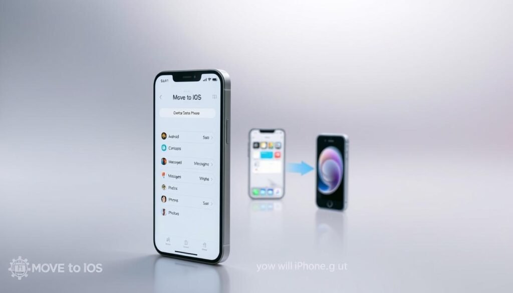 A seamless data transfer from Android to iPhone showcased through the Move to iOS app. In the foreground, a sleek smartphone displaying the Move to iOS interface, guiding the user through the smooth migration process. In the middle ground, two devices - an Android smartphone and an iPhone - connected by a vibrant data transfer animation, symbolizing the effortless exchange of contacts, messages, photos, and more. The background features a minimalist, gradient-based design, creating a sense of simplicity and focus on the core functionality. Soft lighting accentuates the modern, user-friendly aesthetic, inviting the viewer to envision the convenience of transitioning to a new iOS device without hassle. A seamless data transfer from Android to iPhone showcased through the Move to iOS app. In the foreground, a sleek smartphone displaying the Move to iOS interface, guiding the user through the smooth migration process. In the middle ground, two devices - an Android smartphone and an iPhone - connected by a vibrant data transfer animation, symbolizing the effortless exchange of contacts, messages, photos, and more. The background features a minimalist, gradient-based design, creating a sense of simplicity and focus on the core functionality. Soft lighting accentuates the modern, user-friendly aesthetic, inviting the viewer to envision the convenience of transitioning to a new iOS device without hassle.