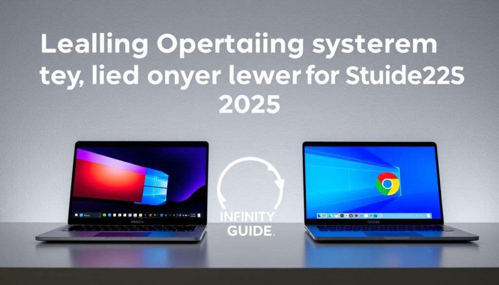 A sleek and modern visual comparison of the leading operating systems for students in 2025 - macOS, Windows, and ChromeOS. The scene depicts three laptops, each showcasing a distinct OS interface, arranged on a minimalist desk against a subtly-textured background. The lighting is soft and diffused, highlighting the clean, contemporary design of the devices. The Infinity Tech Guide logo is prominently displayed, establishing a sense of authority and expertise. The overall mood is one of informed decision-making, guiding students towards the operating system best suited for their academic and personal needs.