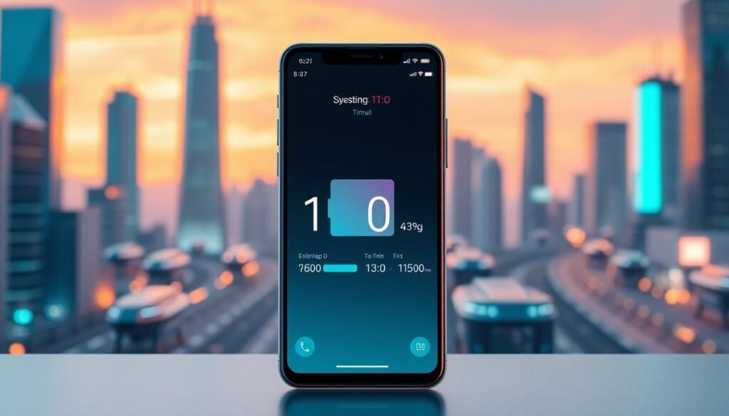 A sleek, futuristic smartphone display showing detailed battery charge time estimates. In the foreground, a minimalist interface with intuitive charge level indicators and estimated time-to-full readouts, rendered in a cool, neon-infused color palette. The middle ground features a semi-transparent 3D model of the phone, rotated to showcase its elegant design. In the background, a softly blurred urban cityscape with skyscrapers and hover-cars, bathed in a warm, sunset-inspired glow, creating a sense of advanced, technologically-driven modernity. Crisp lighting, a shallow depth of field, and a clean, uncluttered composition emphasize the precision and sophistication of the battery charge time estimates. A sleek, futuristic smartphone display showing detailed battery charge time estimates. In the foreground, a minimalist interface with intuitive charge level indicators and estimated time-to-full readouts, rendered in a cool, neon-infused color palette. The middle ground features a semi-transparent 3D model of the phone, rotated to showcase its elegant design. In the background, a softly blurred urban cityscape with skyscrapers and hover-cars, bathed in a warm, sunset-inspired glow, creating a sense of advanced, technologically-driven modernity. Crisp lighting, a shallow depth of field, and a clean, uncluttered composition emphasize the precision and sophistication of the battery charge time estimates.