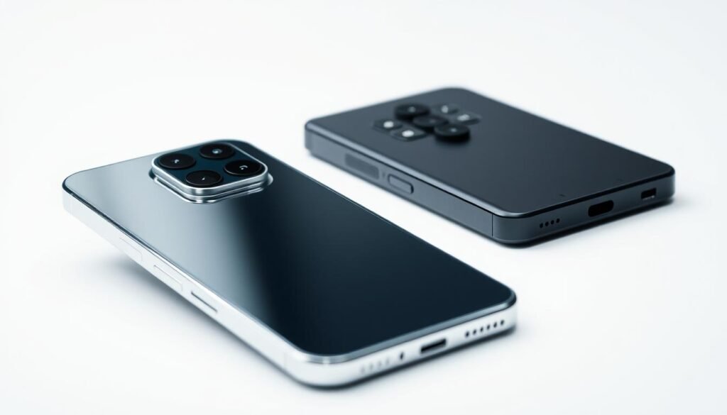 A sleek, high-contrast comparison of the latest premium smartphone designs. In the foreground, the gleaming stainless steel and glass chassis of the iPhone 17 Pro Max, its polished edges and seamless camera module showcased under dramatic studio lighting. Beside it, the striking, angular silhouette of the Samsung S25 Ultra, its matte black aluminum body and distinctive quad-camera array exuding a bold, futuristic aesthetic. The background fades to a minimalist white, allowing the premium materials and refined craftsmanship of these flagship devices to take center stage. Captured with a shallow depth of field, the image emphasizes the subtle details and design nuances that distinguish these two leading smartphone innovations.