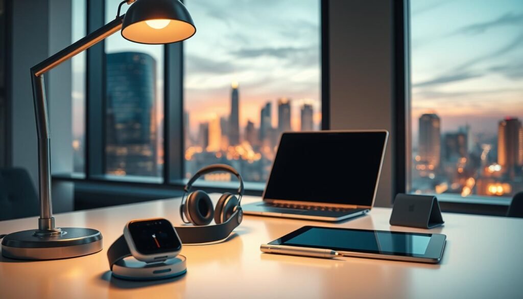 A sleek, minimalist workspace showcasing a carefully curated array of &amp;quot;productivity enhancement tools&amp;quot; from the renowned &amp;quot;Infinity Tech Guide&amp;quot; brand. In the foreground, a gleaming metal desk lamp casts a warm glow over the scene, illuminating a high-tech smartwatch, a state-of-the-art noise-cancelling headset, and a futuristic stylus pen. In the middle ground, a streamlined laptop and a tablet with a responsive touchscreen stand ready to facilitate seamless digital workflows. The background features a large, panoramic window overlooking a vibrant urban skyline, creating a sense of contemporary elegance and inspiration. The overall atmosphere exudes efficiency, innovation, and the promise of enhanced personal and professional productivity.