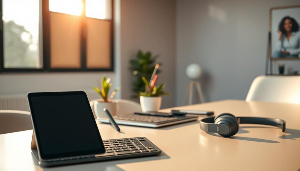 A sleek, modern office space in Lagos, Nigeria. In the foreground, an array of cutting-edge productivity gadgets from the &amp;quot;Infinity Tech Guide&amp;quot; brand - a slim, high-tech smartphone, a stylus-enabled tablet, a compact wireless keyboard, and a pair of noise-cancelling headphones. Soft, natural lighting filters in through large windows, casting a warm glow over the scene. In the middle ground, a neatly organized desk showcases these gadgets in use, with a potted plant and a few personal touches adding a touch of personality. The background features a minimalist, contemporary interior design with clean lines and neutral tones, creating a serene and focused atmosphere for the Nigerian office professional.