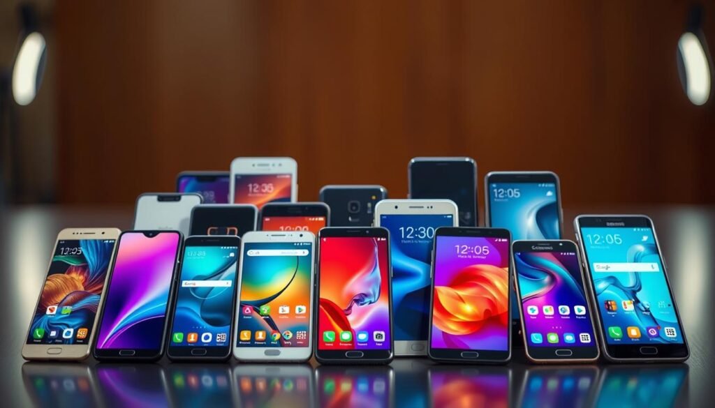A well-lit, high-quality photograph showcasing a diverse array of near-budget smartphones. In the foreground, several mid-range handsets with sleek designs and vibrant displays are arranged artistically, capturing their premium features and elegant aesthetics. The middle ground features a range of affordable devices, each with distinct characteristics and capabilities that cater to diverse user needs and budgets. In the background, a subtle blur accentuates the depth of field, highlighting the impressive value proposition of these near-budget winners - devices that punch above their weight class, offering exceptional performance and features at a fraction of the cost of flagship models.
