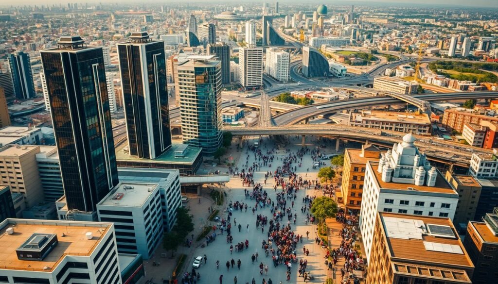 An aerial view of Lagos, Nigeria's bustling commercial capital, showcasing its dynamic technology ecosystem. In the foreground, modern high-rise office buildings housing tech startups and innovation hubs dot the cityscape. In the middle ground, throngs of young professionals navigate the streets, laptops in hand, reflecting the energy and potential of Nigeria's tech-savvy workforce. The background reveals a sprawling urban landscape, with a mix of residential and industrial zones, all interconnected by a network of roads and bridges. Warm, golden-hued lighting bathes the scene, conveying a sense of optimism and opportunity. The entire composition captures the vibrant, forward-looking nature of Nigeria's burgeoning technology industry, poised to shape the country's future.