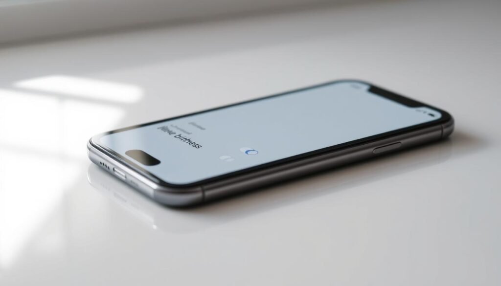 An iPhone display with the brightness settings interface prominently featured. The screen is well-lit, with a clean, minimalist design showcasing the various brightness adjustment options. The background is blurred, keeping the focus on the intuitive display controls. Subtle shadows and highlights add depth and dimension to the display, creating a sense of tangibility. The overall mood is calm and polished, reflecting the refined aesthetic of Apple's user interface design.