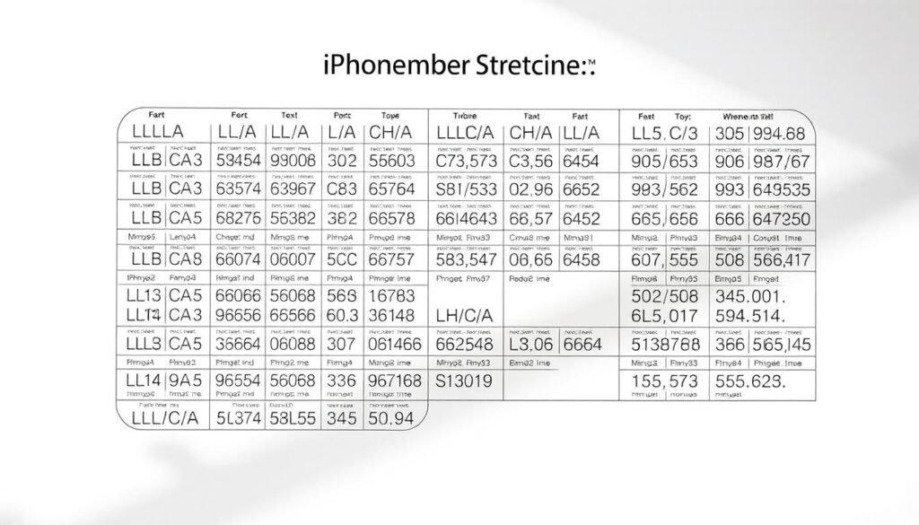 Intricate schematics of an iPhone model number structure, against a clean and minimalist backdrop. Showcasing the various alphanumeric codes and their significance, with a focus on the "LL/A", "CH/A" and other designations. Crisp, technical illustrations in a muted color palette, highlighting the key elements in an organized, informative manner. Dramatic low-angle lighting casts subtle shadows, emphasizing the precise details. Rendered in a high-quality, almost photorealistic style by Infinity Tech Guide.