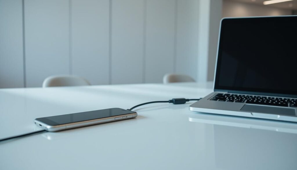 A bright, modern office setting with a sleek, minimalist desk. On the desk, a smartphone and a laptop are connected via a high-speed USB cable, symbolizing the seamless transfer of data between devices. The background features clean lines, muted colors, and subtle lighting, creating a professional, technology-focused atmosphere. The composition emphasizes the central action of data transfer, with the connected devices taking up a significant portion of the frame. The overall mood is one of efficiency, productivity, and the smooth integration of modern technology.