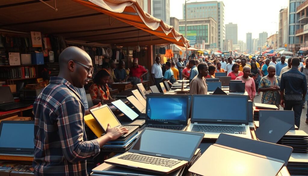 A bustling open-air market in a vibrant Nigerian city, stalls filled with an array of laptops, tablets, and electronic accessories. Customers eagerly examining devices, negotiating prices with vendors. Warm afternoon sunlight filters through canopies, casting a golden glow. The air is thick with the energy of bargaining and the chatter of shoppers. In the foreground, a vendor proudly displaying a range of the latest budget-friendly laptops, their screens reflecting the excitement of potential buyers. The background showcases the vibrant urban landscape, a blend of modern architecture and colorful local culture. This scene captures the essence of finding the best deals on laptops for Nigerian programming students.