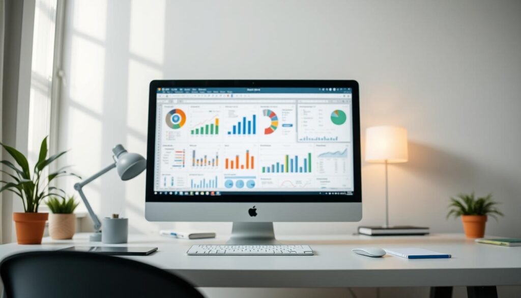 A clean, well-organized spreadsheet application with intuitive menus and toolbars against a backdrop of a minimalist home office. Soft, natural lighting illuminates the workspace, creating a serene and productive atmosphere. On the screen, a variety of charts, graphs, and data visualizations showcase the power of the software for efficient data management. In the foreground, a mouse cursor hovers over a cell, highlighting the precision and control offered by the application. The overall scene conveys the utility and versatility of free spreadsheet tools for school projects and beyond.