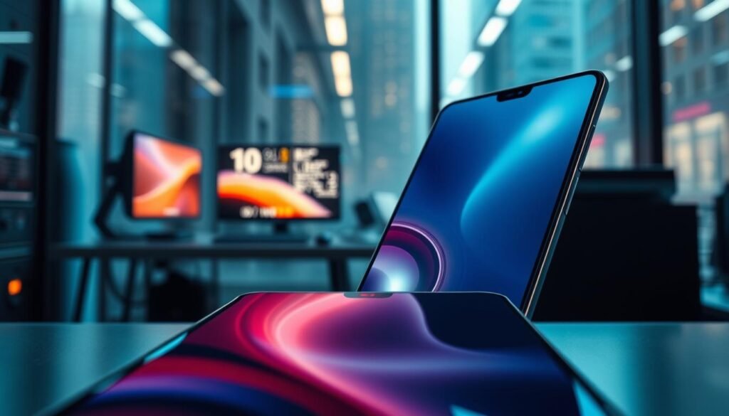 A close-up shot of the Xiaomi 15 Ultra smartphone showcasing its sleek design and advanced hardware features in a modern tech environment. In the foreground, the phone is prominently displayed, highlighting its vibrant screen and intricate details of the Snapdragon 8 Elite processor. The middle ground includes a subtle, blurred view of a high-tech workspace with glowing computer monitors and electronic gadgets, suggesting a performance-driven atmosphere. The background features a softly lit urban setting through a glass window, creating a futuristic ambiance. The lighting is cool and dynamic, with sharp highlights to emphasize the phone's cutting-edge design. The overall mood is professional and sophisticated, exuding innovation and technological prowess. A close-up shot of the Xiaomi 15 Ultra smartphone showcasing its sleek design and advanced hardware features in a modern tech environment. In the foreground, the phone is prominently displayed, highlighting its vibrant screen and intricate details of the Snapdragon 8 Elite processor. The middle ground includes a subtle, blurred view of a high-tech workspace with glowing computer monitors and electronic gadgets, suggesting a performance-driven atmosphere. The background features a softly lit urban setting through a glass window, creating a futuristic ambiance. The lighting is cool and dynamic, with sharp highlights to emphasize the phone's cutting-edge design. The overall mood is professional and sophisticated, exuding innovation and technological prowess.