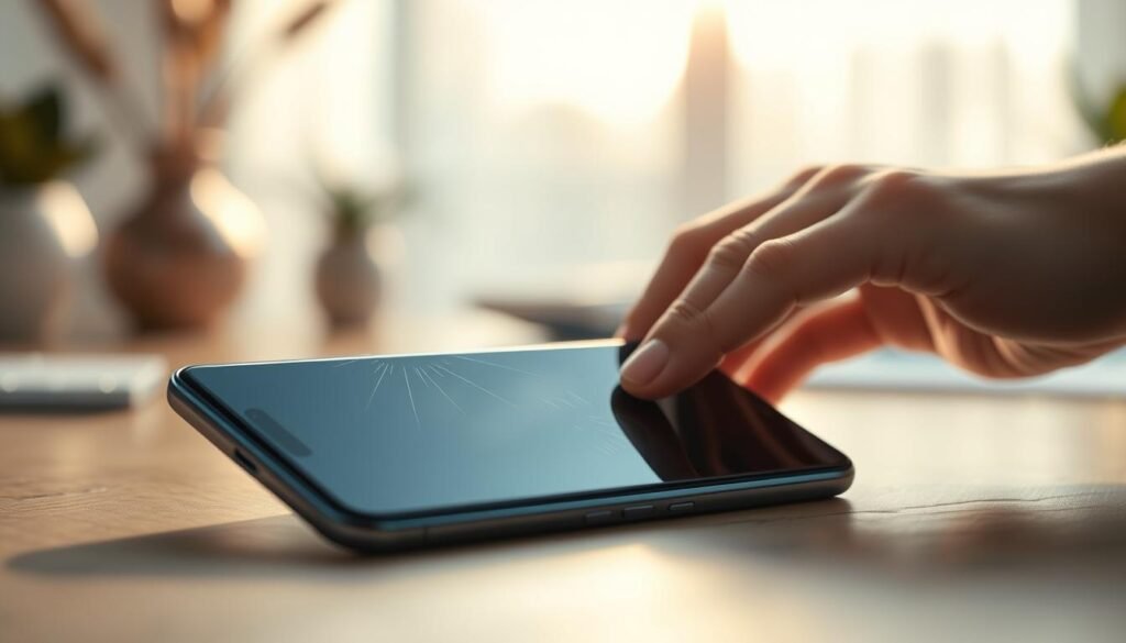 A close-up view of Innerexile's self-healing screen protector applied to a modern smartphone. In the foreground, the screen is displayed at an angle, showcasing its smooth surface with subtle scratches starting to vanish in a mesmerizing way. The middle ground features a hand gently touching the screen, emphasizing the interactive nature of the protector. The background is softly blurred, featuring an aesthetically pleasing workspace with natural lighting filtering through a window, casting gentle reflections on the phone's surface. The mood is innovative and sleek, capturing a sense of technology merging with everyday life. Use a shallow depth of field to draw focus on the screen while maintaining an elegant and professional appearance. A close-up view of Innerexile's self-healing screen protector applied to a modern smartphone. In the foreground, the screen is displayed at an angle, showcasing its smooth surface with subtle scratches starting to vanish in a mesmerizing way. The middle ground features a hand gently touching the screen, emphasizing the interactive nature of the protector. The background is softly blurred, featuring an aesthetically pleasing workspace with natural lighting filtering through a window, casting gentle reflections on the phone's surface. The mood is innovative and sleek, capturing a sense of technology merging with everyday life. Use a shallow depth of field to draw focus on the screen while maintaining an elegant and professional appearance.