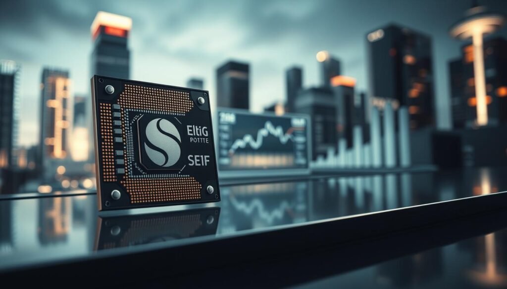 A close-up view of a Snapdragon Elite processor, showcasing its intricate architecture and design. In the foreground, the processor is prominently displayed on a sleek, reflective surface, highlighting its metallic texture and advanced circuitry. The middle ground features a glowing digital interface with graphs and performance metrics, illustrating superior speed and efficiency. The background captures a blurred cityscape with futuristic skyscrapers, symbolizing innovation and technological advancement. Soft, dramatic lighting casts shadows that emphasize the processor’s details. The overall mood conveys a sense of cutting-edge technology and high performance, ideal for a tech-savvy audience. The angle is slightly tilted to create a dynamic perspective, suggesting momentum and forward-thinking.