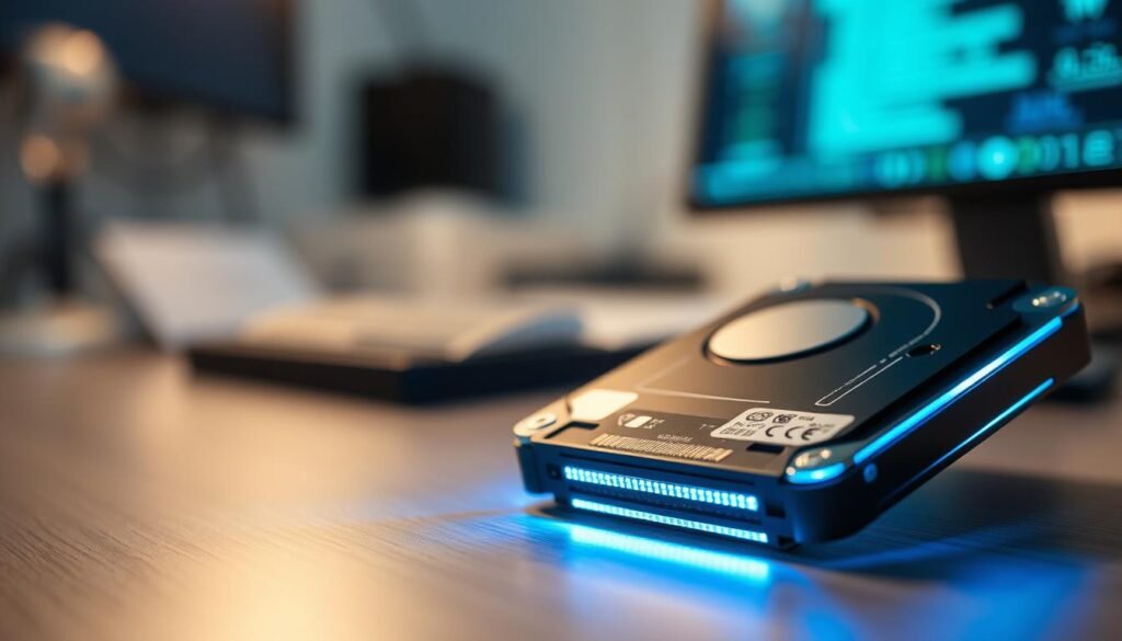 A close-up view of a high-tech solid-state drive (SSD) positioned prominently in the foreground, showcasing its sleek metallic casing and intricate circuitry, symbolizing durability and reliability. The SSD is illuminated by a soft blue LED light, casting a gentle glow that highlights its features. In the middle ground, blurred representations of small capacity drives (like traditional HDDs) fade into the background, emphasizing the contrast in performance and dependability. The background is a softly lit, modern workspace with a blurred computer setup, suggesting a tech-savvy environment. The mood is professional and forward-looking, with a hint of intrigue reflecting the evolving technology landscape. The lighting is balanced to ensure clarity and focus on the SSD. A close-up view of a high-tech solid-state drive (SSD) positioned prominently in the foreground, showcasing its sleek metallic casing and intricate circuitry, symbolizing durability and reliability. The SSD is illuminated by a soft blue LED light, casting a gentle glow that highlights its features. In the middle ground, blurred representations of small capacity drives (like traditional HDDs) fade into the background, emphasizing the contrast in performance and dependability. The background is a softly lit, modern workspace with a blurred computer setup, suggesting a tech-savvy environment. The mood is professional and forward-looking, with a hint of intrigue reflecting the evolving technology landscape. The lighting is balanced to ensure clarity and focus on the SSD.