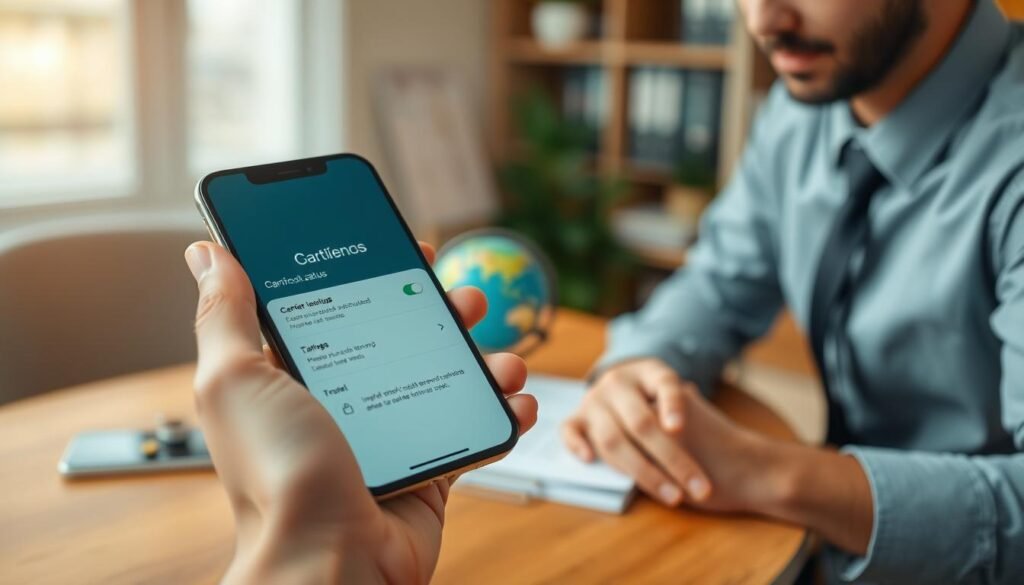 A close-up view of a modern smartphone held in a person's hand, showing the screen displaying the "carrier lock status" settings. The foreground features the hand of a professional individual wearing a smart casual shirt, focusing intently on the phone screen. In the middle ground, a wooden desk with a small globe and travel-related items, symbolizing global travel. The background consists of a softly blurred office setting with warm lighting, indicating a comfortable, inviting atmosphere. The image conveys a sense of empowerment and exploration, highlighting the importance of checking phone lock status before traveling. Use a shallow depth of field to emphasize the phone while keeping the surroundings softly out of focus.