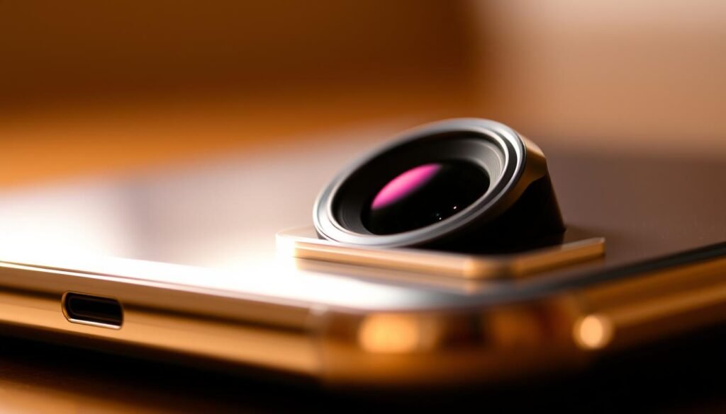 A close-up view of a smartphone's camera module, showcasing its advanced optical zoom and video recording features. The lens is prominently displayed, capturing sharp details and a shallow depth of field. Soft, warm lighting illuminates the smartphone's sleek, metallic design, creating a sense of premium quality. The background is slightly blurred, maintaining the focus on the camera system. Subtle reflections and highlights add depth and texture, conveying the camera's technological capabilities. The overall composition emphasizes the smartphone's role as a powerful content creation tool for modern creators.