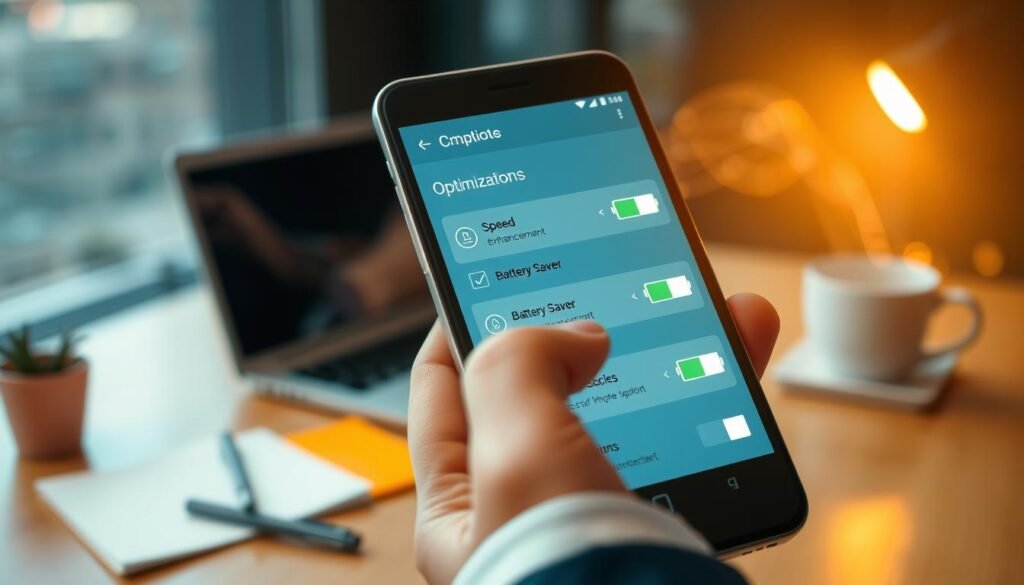 A close-up view of a smartphone's screen displaying various software optimization settings, with glowing icons for speed enhancement and battery saver options. In the foreground, a hand in a professional business attire interacts with the screen, tapping to select features. The middle layer captures a softly blurred workspace, featuring a laptop, notes, and a coffee cup, evoking a tech-savvy atmosphere. In the background, there are hints of digital data flows visualized as lines or light trails, representing optimized performance. Soft, warm lighting enhances the professionalism of the scene, while a slight bokeh effect gives it depth. The mood is productive and focused, ideal for depicting the concept of optimizing phone performance efficiently.
