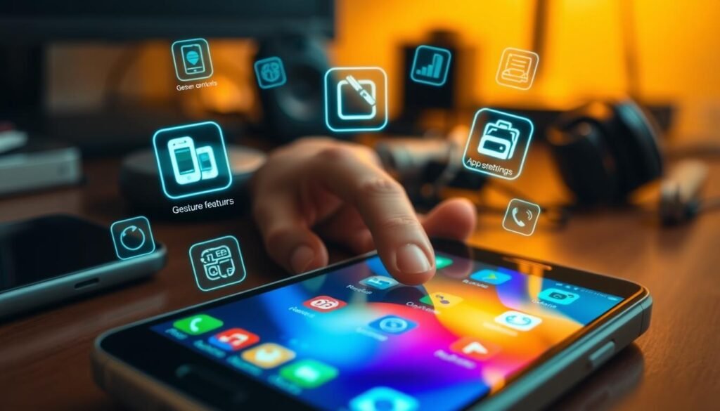 A close-up view of an old smartphone surrounded by glowing icons representing hidden features like gesture controls, app shortcuts, and secret settings. In the foreground, the phone displays a sleek interface with vibrant colors, while subtle animations of icons float above it, hinting at functionality. The middle ground features a blurred hand swiping the screen, showcasing ease of access to these features. In the background, a softly lit desk filled with tech gadgets creates an inviting atmosphere. Soft, warm lighting casts gentle shadows, enhancing the detail of the phone and tech items. The overall mood is vibrant yet professional, emphasizing the excitement of rediscovering hidden capabilities in an everyday device.