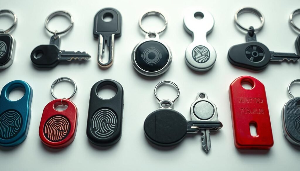A close-up view of several biometric security keys in various shapes and colors, including fingerprint, iris, and facial recognition models. The keys are arranged in a grid-like pattern against a clean, minimalist backdrop, highlighting their sleek and modern design. The lighting is soft and diffused, creating a sense of depth and emphasizing the tactile textures of the keys. The composition draws the viewer's attention to the unique and distinctive features of each security key, conveying a sense of technological sophistication and personal security.