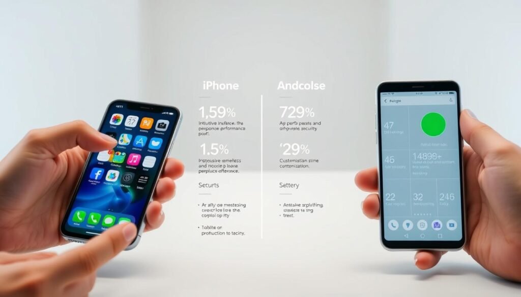 A crisp, high-resolution comparison of two smartphone platforms, showcasing their distinct user experiences. In the foreground, a hands-on interaction with an iPhone and an Android device, highlighting the intuitive interfaces, responsive performance, and seamless security features. In the middle ground, a side-by-side visualization of key metrics like app availability, battery life, and customization options. The background features a clean, minimalist setting with subtle lighting to accentuate the devices' design elements. The overall scene conveys a sense of efficiency, ease of use, and technological sophistication, reflecting the core aspects of the user experience comparison.