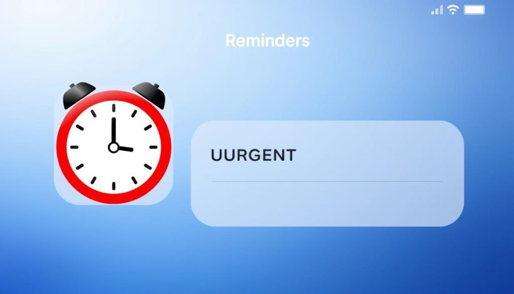 A detailed and modern user interface of the iOS 26.2 Reminders app, showcasing the new Urgent Reminders feature. In the foreground, a large, prominently displayed alarm clock icon surrounded by a glowing red border, indicating the urgent priority. The middle ground features a clean, minimalist layout with labeled reminder items, including a bold "URGENT" label next to the selected item. The background has a subtle gradient in Apple's signature cool tones, providing depth and a premium aesthetic. The overall design conveys a sense of importance and immediacy, reflecting the critical nature of the new Urgent Reminders functionality.