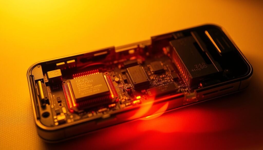 A detailed cross-section of an overheated smartphone, showcasing the internal components and heat dissipation mechanisms. In the foreground, the phone's processor is visible, glowing with intense heat. The middle ground depicts the battery and other electrical circuits, struggling to function under the high temperatures. In the background, the phone's casing is partially transparent, revealing the thermal management system, including heat sinks and air vents, which are unable to effectively cool the device. The scene is bathed in a warm, yellowish hue, conveying the sense of rising temperatures and impending thermal failure. The lighting is dramatic, with harsh shadows and highlights emphasizing the intricate details of the phone's internal structure.