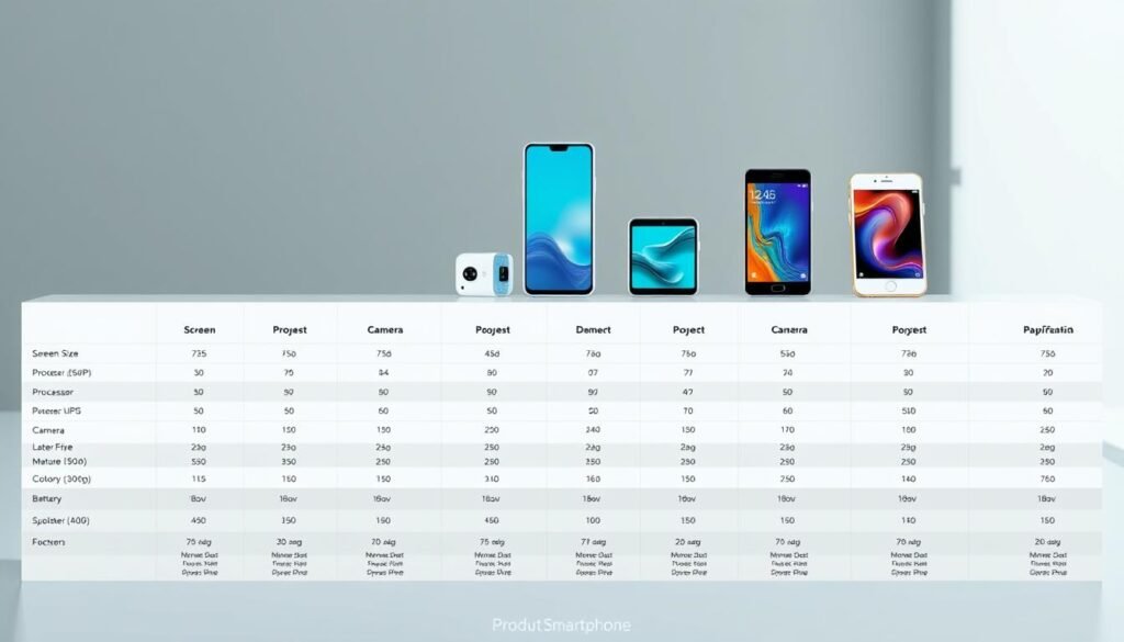 A detailed product comparison table displaying a selection of upcoming smartphone models. The foreground shows a sleek, minimalist table layout with rows of phone specifications like screen size, processor, camera, battery, and price. The middle ground features stylized phone icons and 3D renders showcasing the design and key features of each model. The background has a subtle geometric pattern and soft lighting, creating a professional, information-rich composition suitable for a technology publication. The overall mood is clean, modern, and focused on delivering a comprehensive side-by-side overview of the next generation of smartphones.