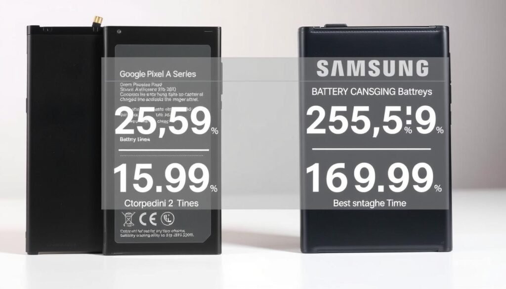 A detailed side-by-side comparison of two smartphone batteries, showcasing their relative capacities and charging speeds. The foreground features the batteries themselves, one from a Google Pixel A-series phone and the other from a Samsung model, displayed against a clean white backdrop with subtle ambient lighting from the side. The middle ground shows a transparent overlay with numerical statistics highlighting the battery life and charging time differences between the two devices, conveying a sense of technical analysis. The background subtly fades to a gradient, drawing the viewer's attention to the central comparison without distractions.
