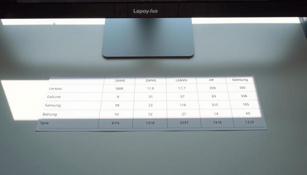 A detailed, technical comparison chart showing the battery life of three popular laptop models - Lenovo, HP, and Samsung. The chart is displayed on a sleek, minimalist desktop surface, illuminated by soft, natural lighting that highlights the clean lines and crisp typography. The chart itself features precise battery life statistics, presented in a clear, easy-to-read format, with subtle grid lines and a muted color palette that emphasizes the data. The overall mood is one of professional, informative analysis, inviting the viewer to closely examine the nuances of each laptop's battery performance.