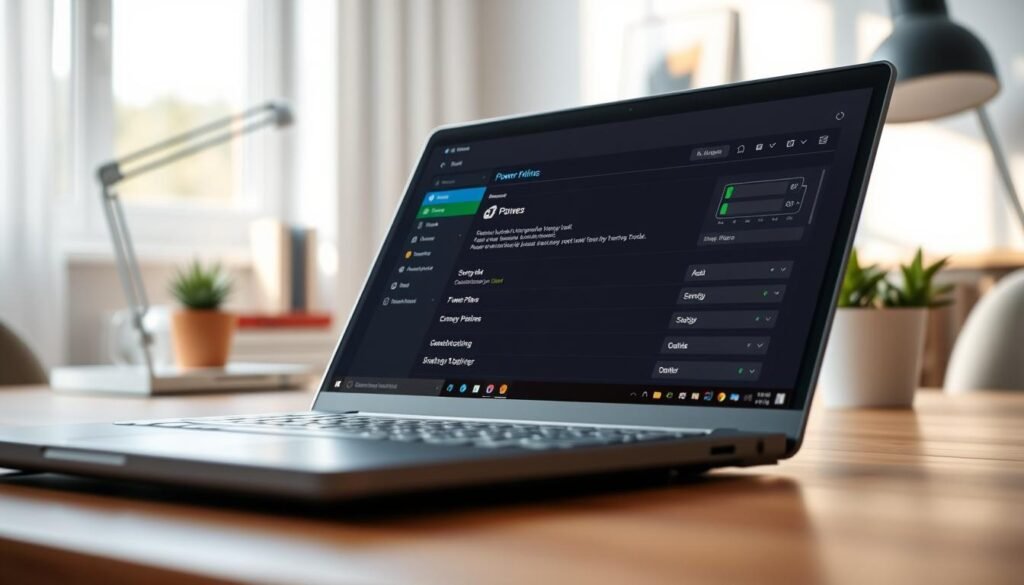 A detailed view of a laptop screen displaying power management tools settings in a sleek, modern interface. The foreground features a stylized laptop angled slightly to showcase the screen, which includes colorful graphics representing battery performance, power plans, and options for energy savings. The middle layer highlights a clean and organized workspace with a stylish desk, a potted plant, and subtle reflections on the laptop's surface. In the background, soft natural light filters through a window, creating a warm atmosphere. The scene is composed with a slight depth of field to emphasize the screen settings. The overall mood is focused and serene, ideal for productivity and tech-savvy users looking to optimize battery life. A detailed view of a laptop screen displaying power management tools settings in a sleek, modern interface. The foreground features a stylized laptop angled slightly to showcase the screen, which includes colorful graphics representing battery performance, power plans, and options for energy savings. The middle layer highlights a clean and organized workspace with a stylish desk, a potted plant, and subtle reflections on the laptop's surface. In the background, soft natural light filters through a window, creating a warm atmosphere. The scene is composed with a slight depth of field to emphasize the screen settings. The overall mood is focused and serene, ideal for productivity and tech-savvy users looking to optimize battery life.