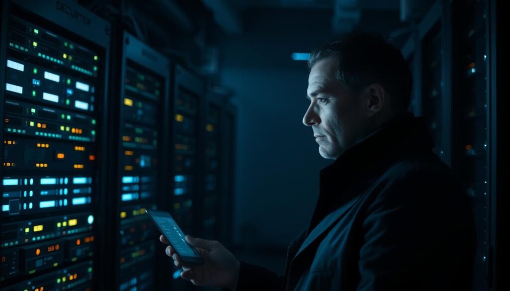 A dimly lit server room with rows of racks housing high-powered computing hardware, a network of cables and blinking lights. In the foreground, a security expert in a dark suit examines a holographic display, their face illuminated by the soft glow of the screens. The background is hazy, with a sense of depth and technical complexity, conveying the importance of the systems under protection. The lighting is dramatic, creating shadows and highlights that emphasize the seriousness of the task at hand. The overall atmosphere is one of vigilance, security, and the relentless struggle to safeguard critical systems. A dimly lit server room with rows of racks housing high-powered computing hardware, a network of cables and blinking lights. In the foreground, a security expert in a dark suit examines a holographic display, their face illuminated by the soft glow of the screens. The background is hazy, with a sense of depth and technical complexity, conveying the importance of the systems under protection. The lighting is dramatic, creating shadows and highlights that emphasize the seriousness of the task at hand. The overall atmosphere is one of vigilance, security, and the relentless struggle to safeguard critical systems.