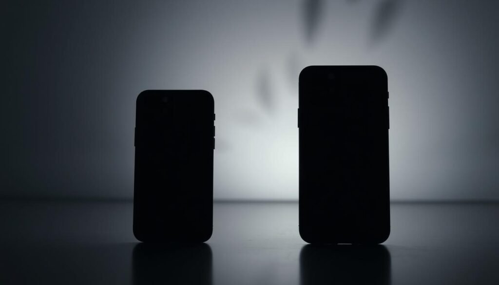 A dimly lit studio setting showcasing two iPhone models side-by-side, their cameras illuminated in the foreground. The iPhones are positioned on a sleek, reflective surface, casting subtle shadows. In the background, a soft, hazy gradient adds depth and atmosphere, hinting at the low-light photography capabilities of the devices. The lighting is carefully balanced, creating a dramatic, moody ambiance that emphasizes the contrast between the phone screens and the surrounding environment. The overall composition is clean and minimalist, allowing the cameras and their performance to take center stage.
