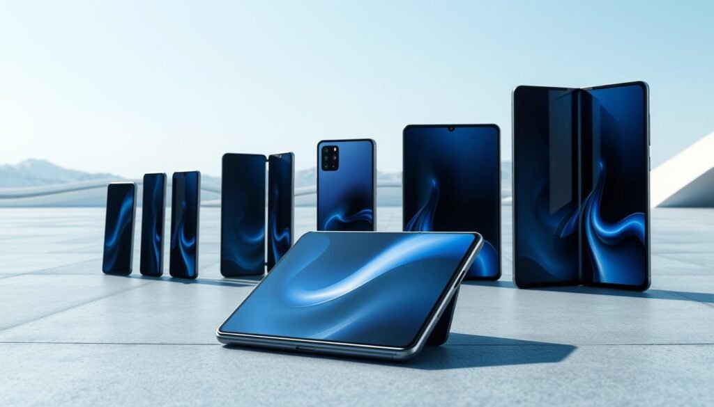 A dynamic progression of foldable phone designs, captured in a futuristic, high-tech setting. In the foreground, the latest Galaxy Z Fold model elegantly unfolds, its sleek display gleaming under cool, directional lighting. In the middle ground, earlier generations of foldable phones emerge, each with its own unique hinge mechanism and screen configuration. In the background, a minimalist, architectural landscape serves as a backdrop, hinting at the technological advancements that have enabled the evolution of this innovative device category. The composition conveys a sense of forward momentum, showcasing the steady refinement of foldable phone design and the inevitability of its transformation from novelty to necessity.