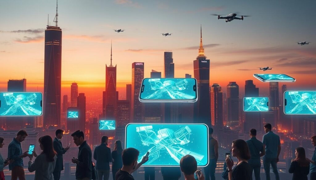 A futuristic cityscape at dusk, illuminated by the warm glow of holographic displays on sleek, angular smartphone designs floating amidst the towering skyscrapers. In the foreground, a group of people interact with these next-generation devices, their movements captured by high-precision cameras and sensors. The middle ground features a variety of innovative form factors - foldable screens, modular components, and seamless integration with wearable technologies. In the background, the skyline is dotted with flying vehicles and drones, creating a sense of a vibrant, tech-driven future. The image conveys a mood of excitement and wonder, capturing the essence of the cutting-edge advancements shaping the future of mobile devices.