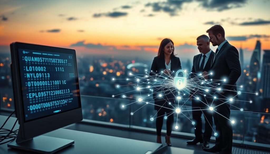 A futuristic digital landscape symbolizing quantum security solutions. In the foreground, a sleek, modern computer terminal with glowing quantum algorithms displayed on the screen, emanating a soft blue light. To the right, a team of three diverse professionals in smart business attire discuss over holographic security data projections, showcasing intricate encryption patterns. The middle ground features a glowing network of quantum bits (qubits) interconnected, creating a vibrant web of energy and information. In the background, a futuristic city skyline with dynamic lights and high-tech architecture under a twilight sky, suggesting innovation and progress. The overall mood is one of optimism and cutting-edge technology, with soft ambient lighting and a slight focus blur for depth. A futuristic digital landscape symbolizing quantum security solutions. In the foreground, a sleek, modern computer terminal with glowing quantum algorithms displayed on the screen, emanating a soft blue light. To the right, a team of three diverse professionals in smart business attire discuss over holographic security data projections, showcasing intricate encryption patterns. The middle ground features a glowing network of quantum bits (qubits) interconnected, creating a vibrant web of energy and information. In the background, a futuristic city skyline with dynamic lights and high-tech architecture under a twilight sky, suggesting innovation and progress. The overall mood is one of optimism and cutting-edge technology, with soft ambient lighting and a slight focus blur for depth.